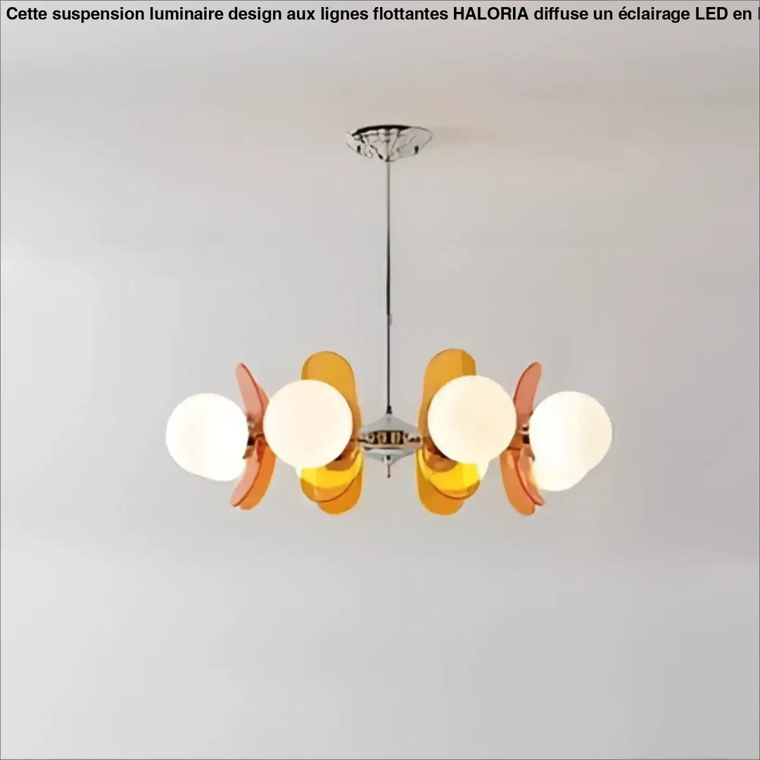 Suspension luminaire melios avec six globes en verre blanc et abat-jours acryliques ambrés pour un style luminaire chic