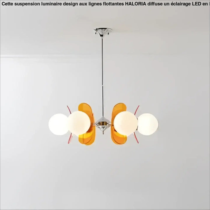 Suspension luminaire chic melios avec lampes sphériques orange et blanches finition chrome pour intérieur moderne
