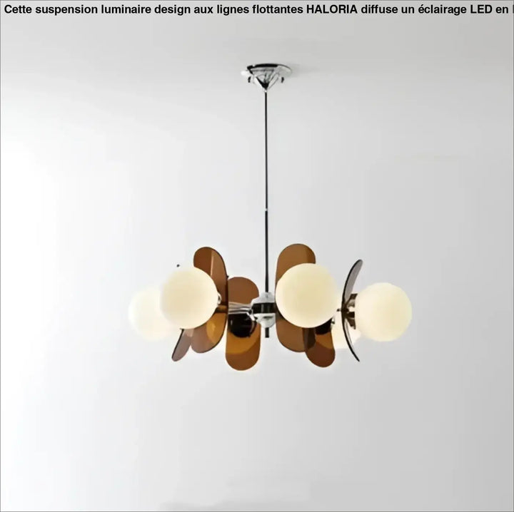Suspension luminaire chic melios en chrome avec six abat-jours en verre ambré chaud et trois globes blancs givrés élégants