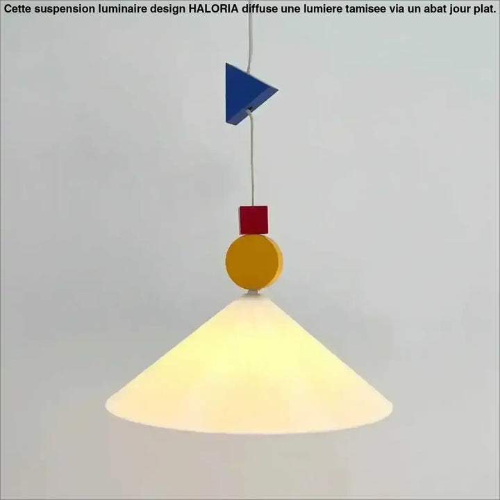 Suspension luminaire liora design géométrique avec formes colorées bleu, rouge et jaune et abat-jour conique blanc mat