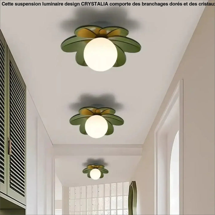 Luminaire plafonnier hirana floral moderne avec diffuseur sphérique en verre blanc vert et jaune