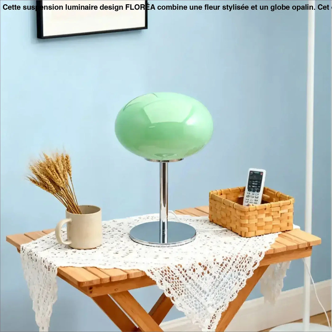 Lampe de chevet minimaliste en verre vert menthe avec base et tige chrome sur table en bois lumière devient design élégant plus qu’un luminaire