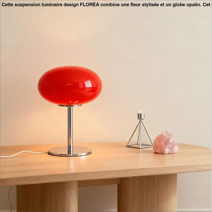 Lampe de chevet minimaliste en verre rouge brillant avec base chrome où la lumière devient plus qu’un simple éclairage