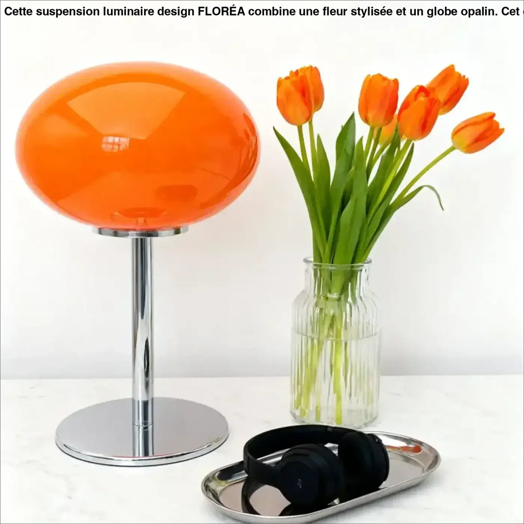 Lampe de chevet minimaliste avec globe orange brillant et pied chrome, lumière devient plus qu’un simple éclairage
