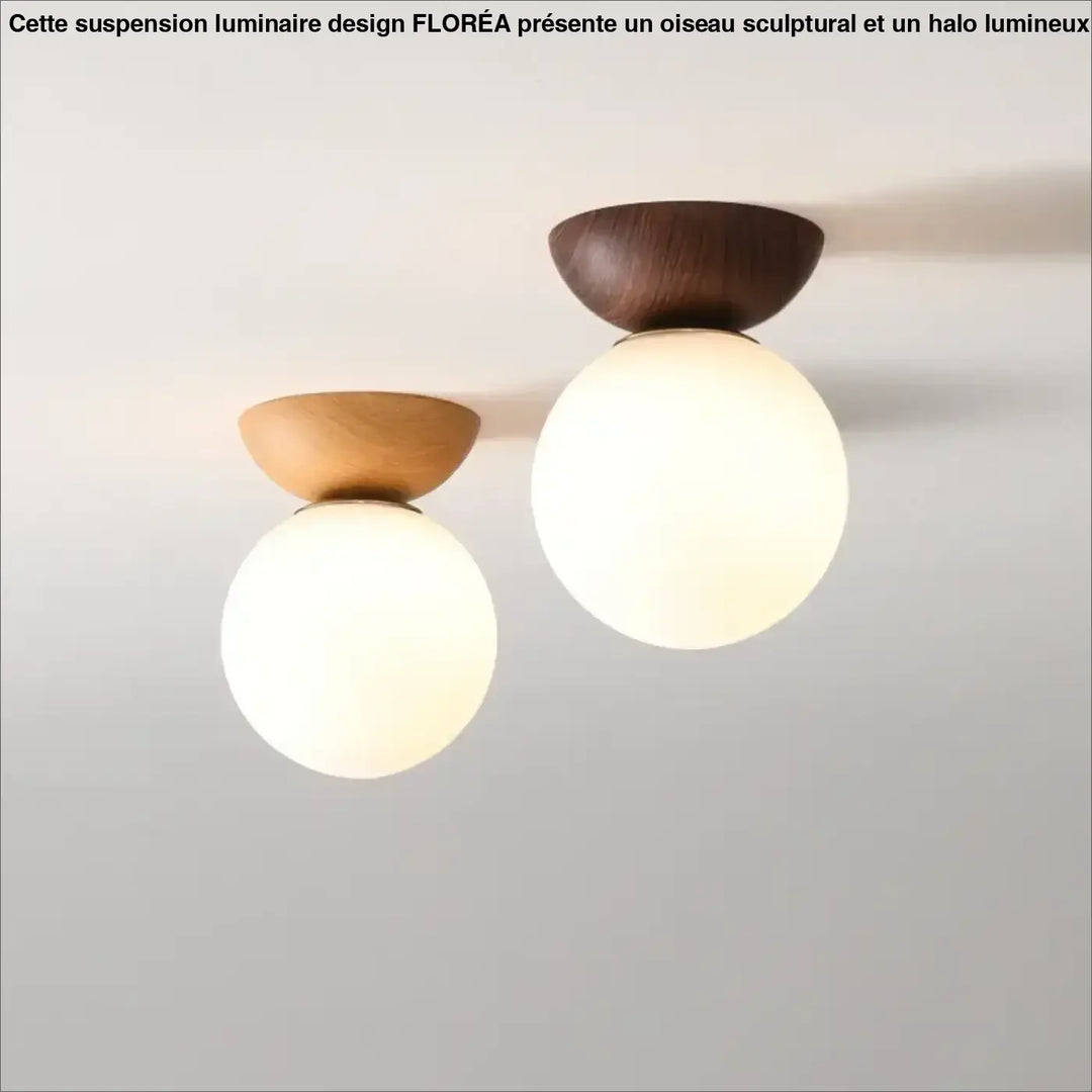 Luminaire plafonnier oako avec deux globes lumineux en verre dépoli et bases en bois naturel ou noyer design épuré