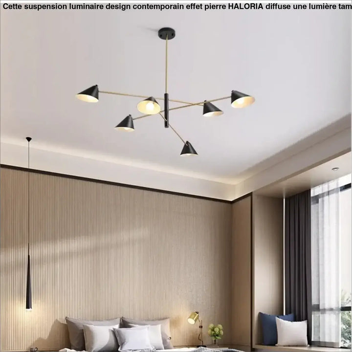 Suspension luminaire design contemporain effet pierre haloARIA avec cinq abat-jours coniques noirs et laiton moderne