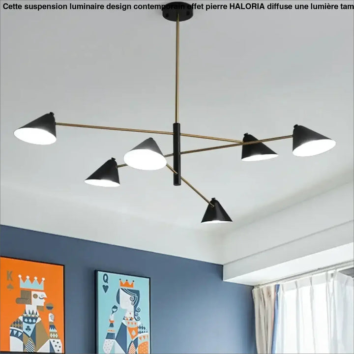 Suspension luminaire design contemporain avec abat-jour conique noir et bras en laiton effet pierre par haloria