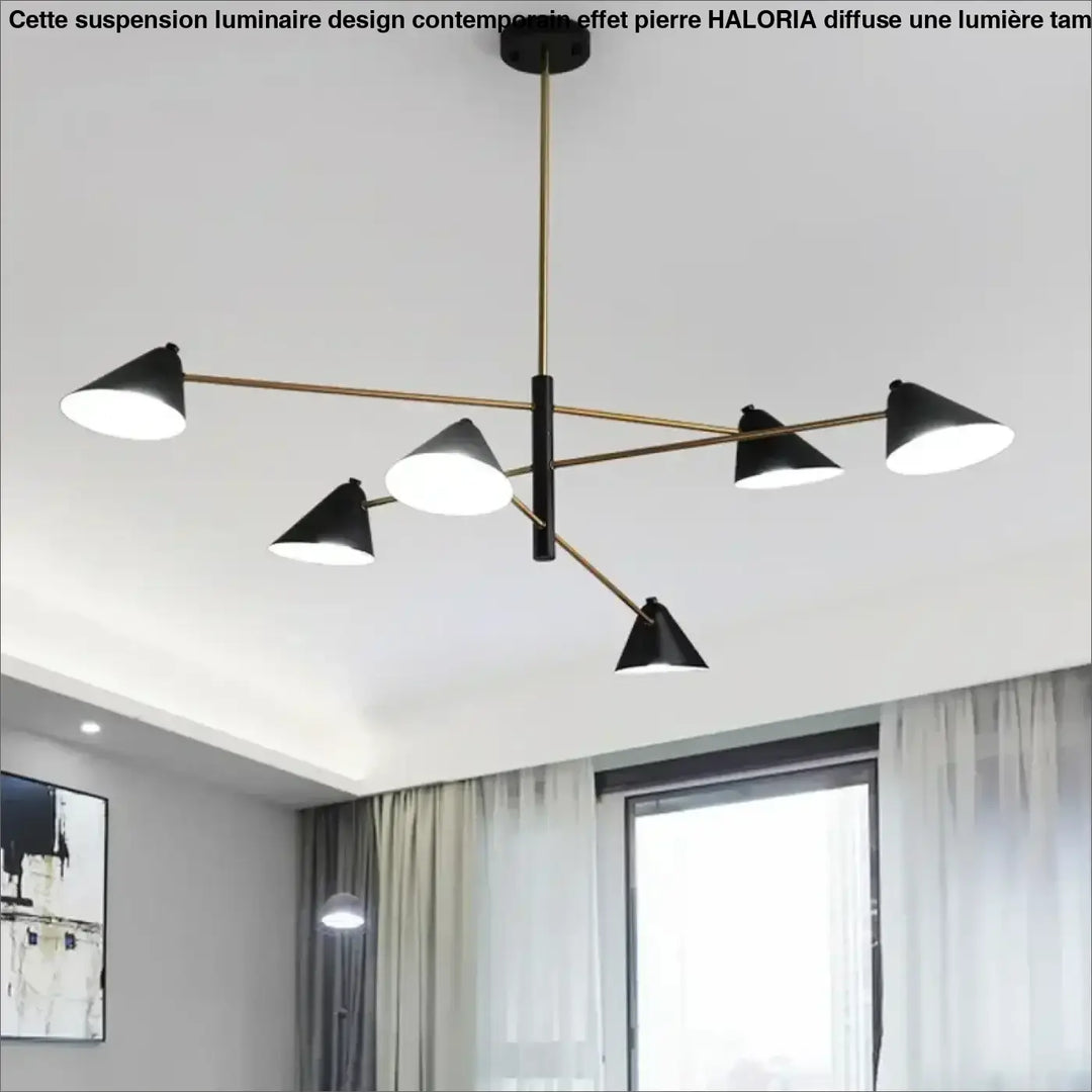 Suspension luminaire design contemporain effet pierre avec abat-jour conique noir et bras ton laiton suspendu au plafond
