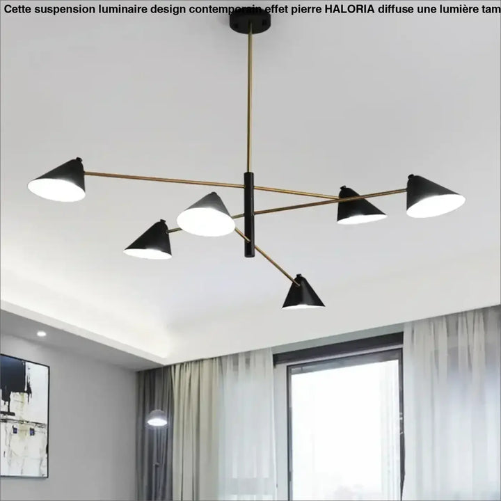 Suspension luminaire design contemporain effet pierre avec abat-jour conique noir et bras ton laiton suspendu au plafond
