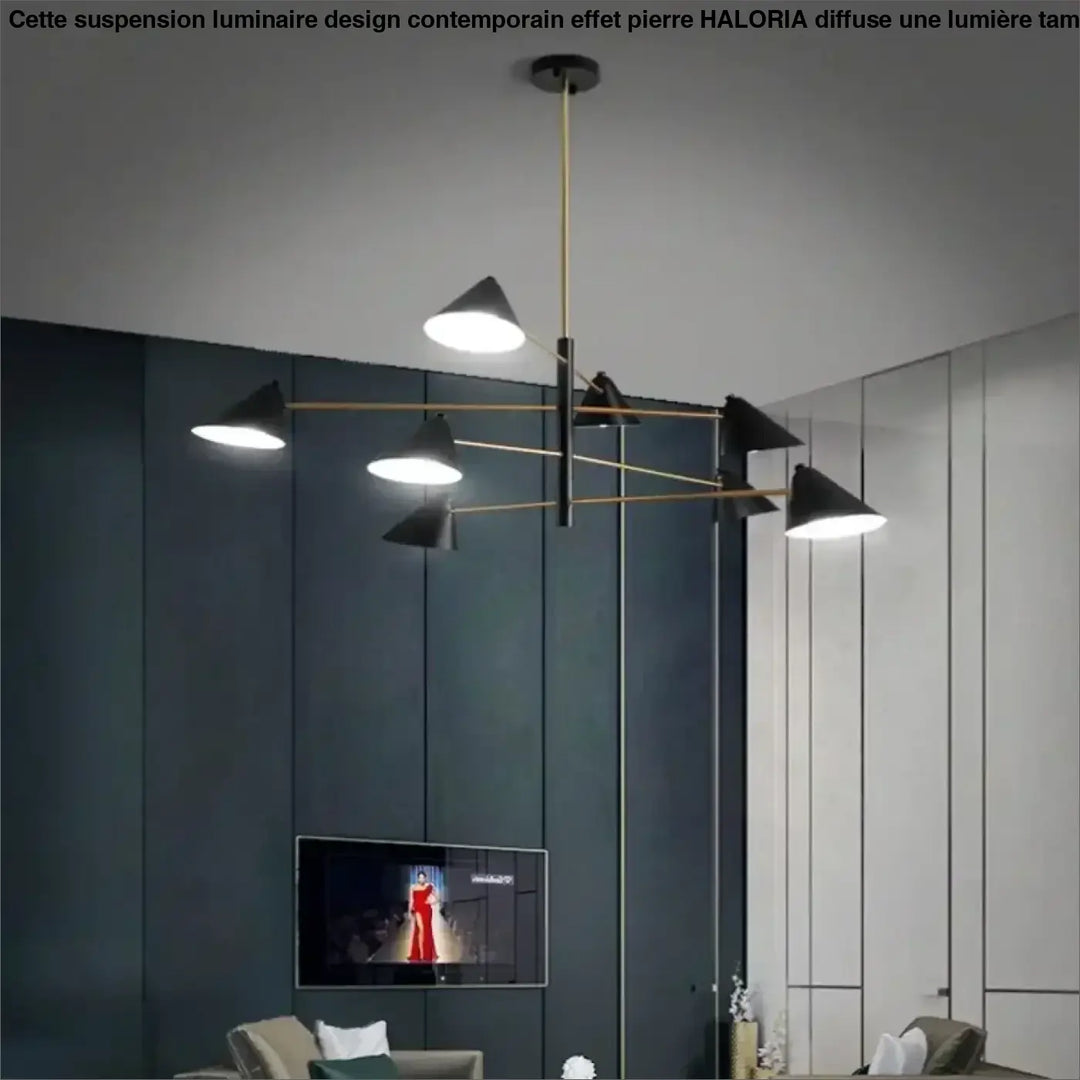 Suspension luminaire design contemporain noir avec bras métalliques dorés effet pierre par haloria
