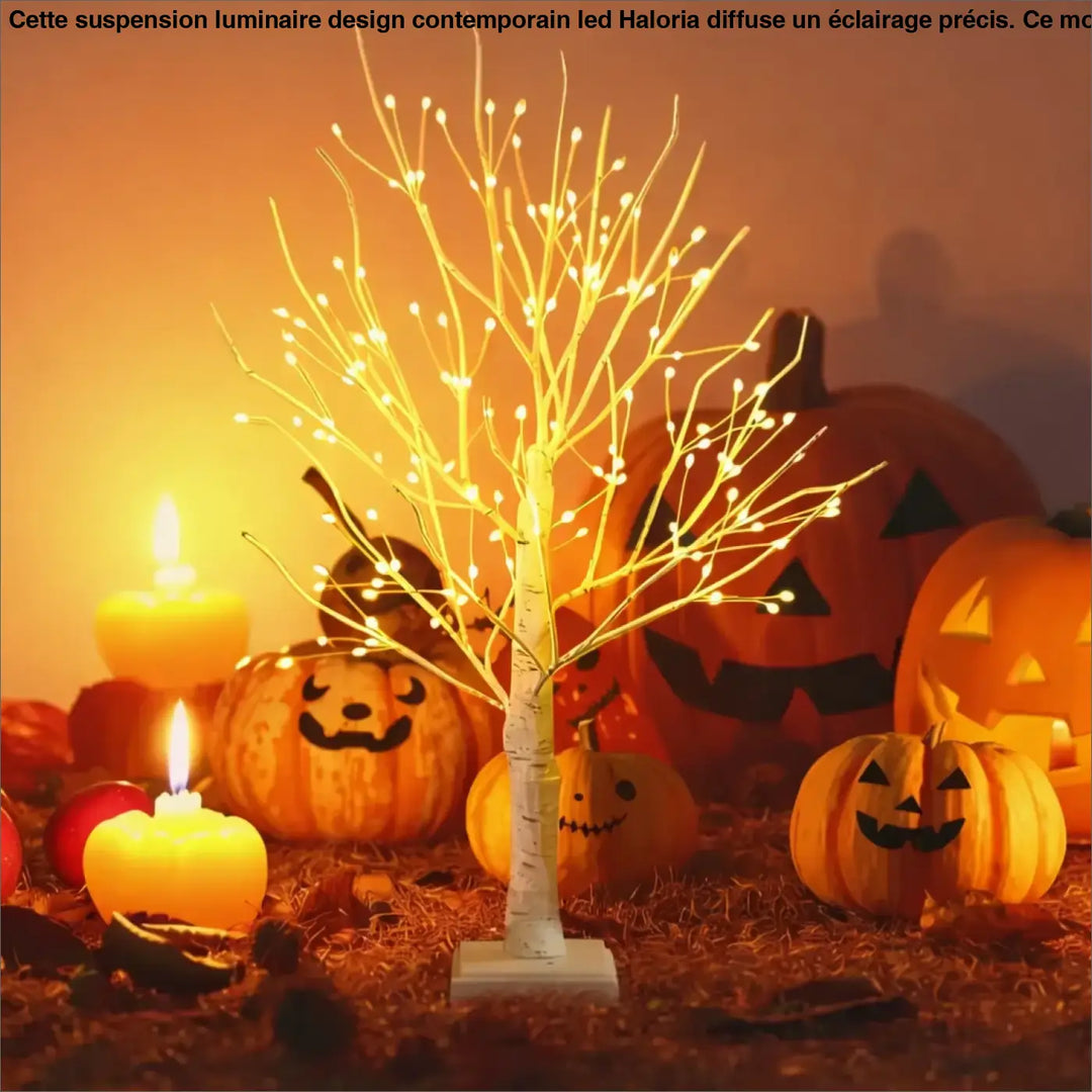 Lampe scintilla arbre lumineux décoratif blanc avec branches délicates et lumières jaunes entouré de citrouilles sculptées et bougies