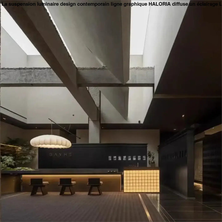 Lobby moderne minimaliste avec suspension luminaire design contemporain en béton et bureau réception noir savhe éclairé