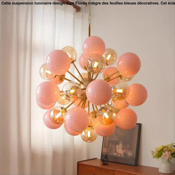 Suspension luminaire sam bia avec structure métallique dorée et globes en verre rose et ambre luminaire vintage