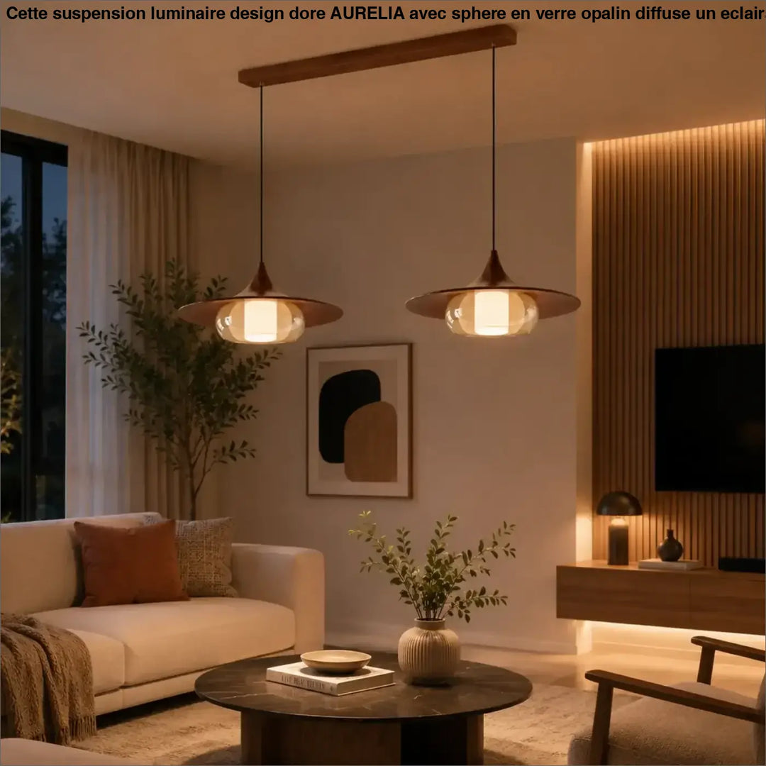 Suspension luminaire aurea avec verre et bois effet cuivre suspension luminaire contemporaine au-dessus d’une table basse