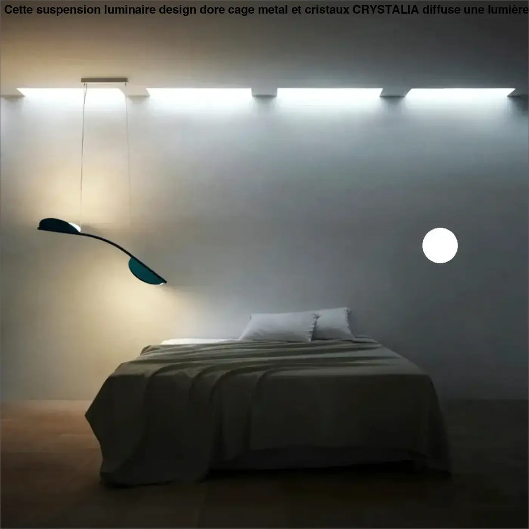 Luminaire design dore suspension avec abat-jour teal incurvé en métal et cristaux pour éclairage mural moderne