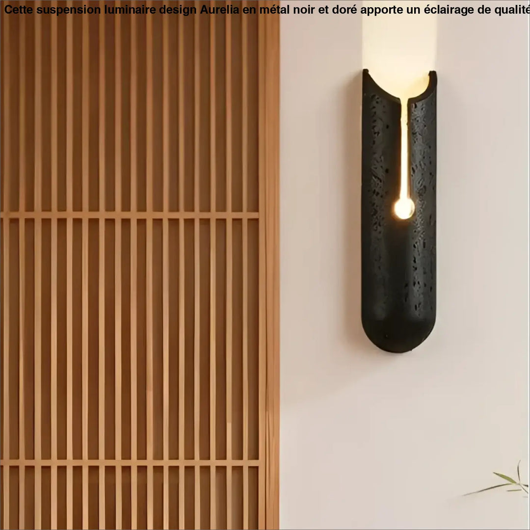 Black ceramic suspension luminaire design elegant en metal noir et dore aurelia avec finition mate texturée et lumière chaude