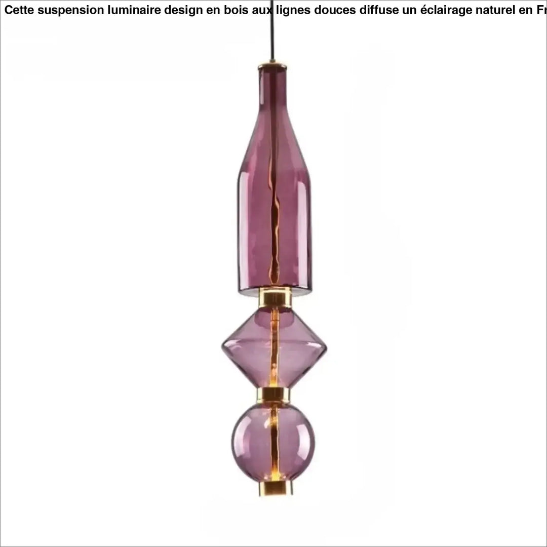 Suspension luminaire slira avec verre soufflé violet empilé, métal doré et ampoule à filament visible