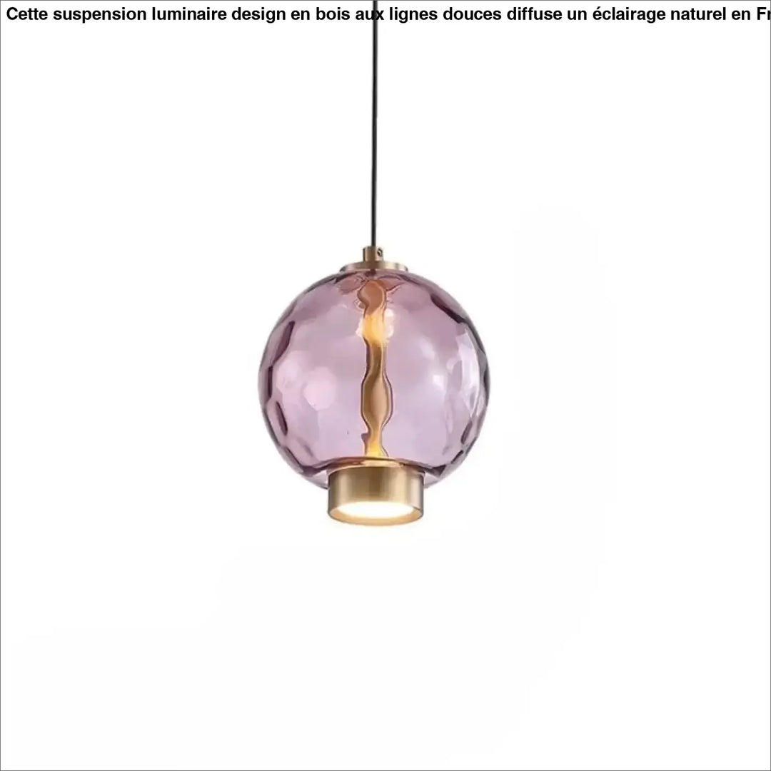 Suspension luminaire slira en verre soufflé violet texturé avec base et accroche en métal doré