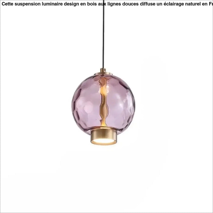 Suspension luminaire slira en verre soufflé violet texturé avec base et accroche en métal doré