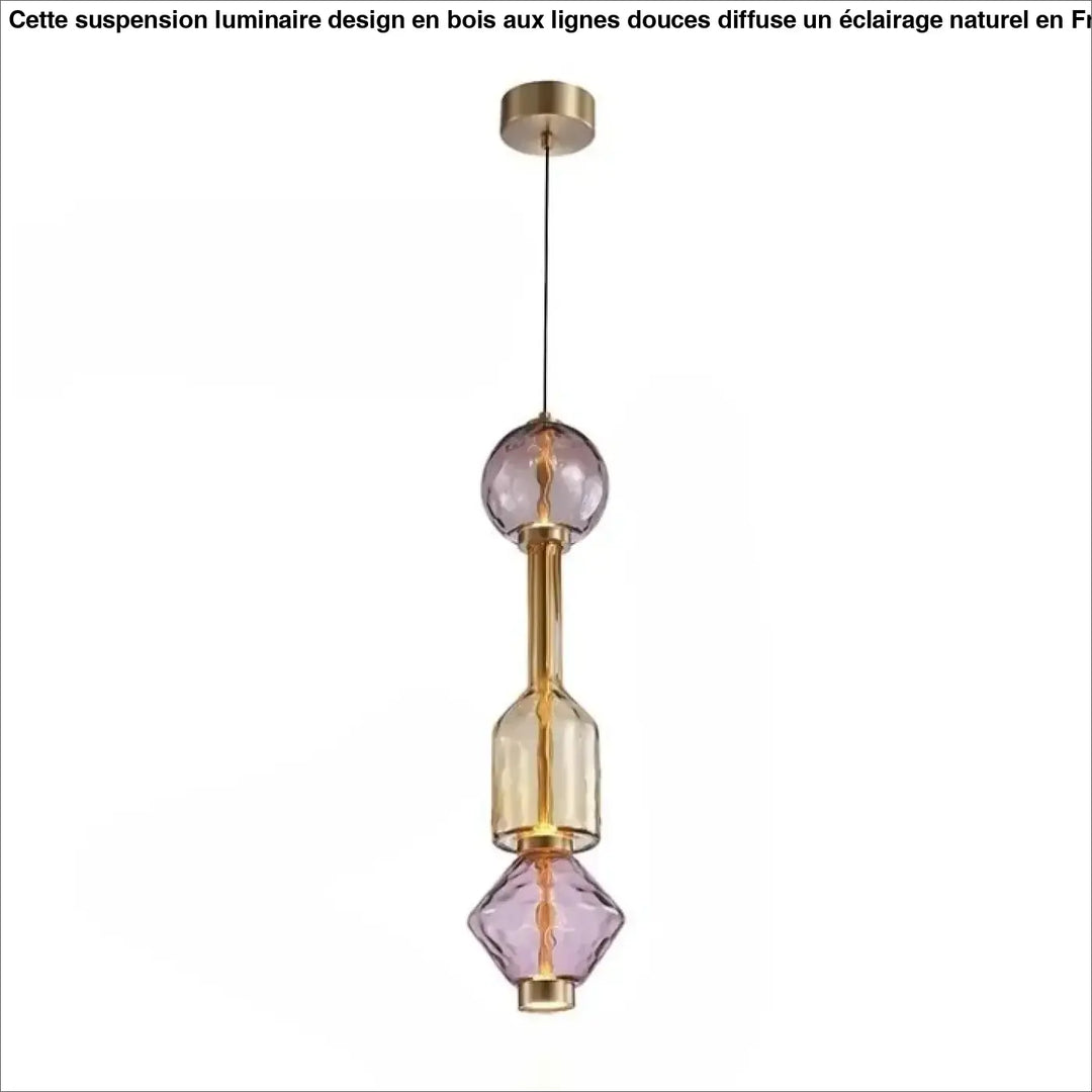 Suspension luminaire slira en métal doré avec verre soufflé violet et ambre et ampoules à filament visibles