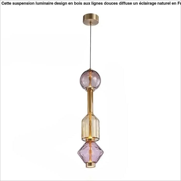 Suspension luminaire slira en métal doré avec verre soufflé violet et ambre et ampoules à filament visibles