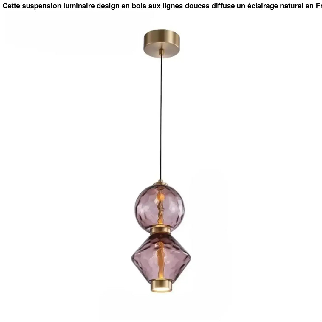 Suspension luminaire slira avec deux sphères en verre soufflé violet empilées et métal doré suspendues par corde noire