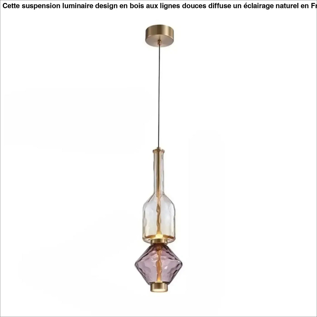 Suspension luminaire slira avec verre soufflé et verre soufflé violet suspendus par métal doré moderne et élégant