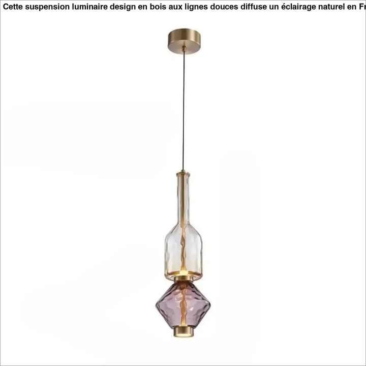 Suspension luminaire slira avec verre soufflé et verre soufflé violet suspendus par métal doré moderne et élégant