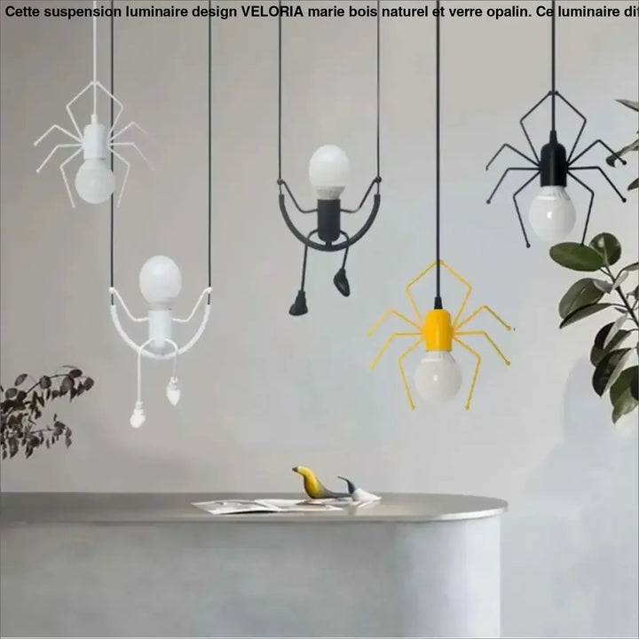 Suspension luminaire alako en forme d araignée noir et blanc avec jambes articulées et ampoules opalines luminaire ludique