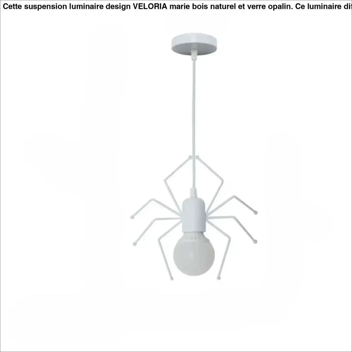 Suspension luminaire alako en forme daraignée blanche avec cadre métallique minimaliste et ampoule apparente luminaire ludique