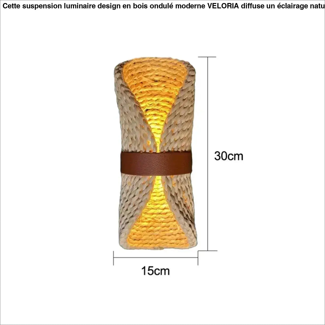 Luminaire design suspension en bois ondulé moderne avec corps en fibre naturelle tressée et bande en cuir marron