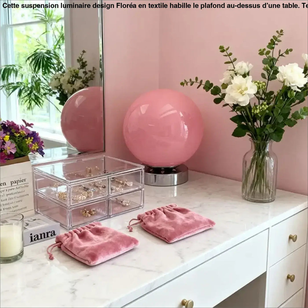 Pink velvet drawstring pouches accompany lampe de chevet lange for une lumière douce et un éclairage chaleureux plus qu’un simple accessoire