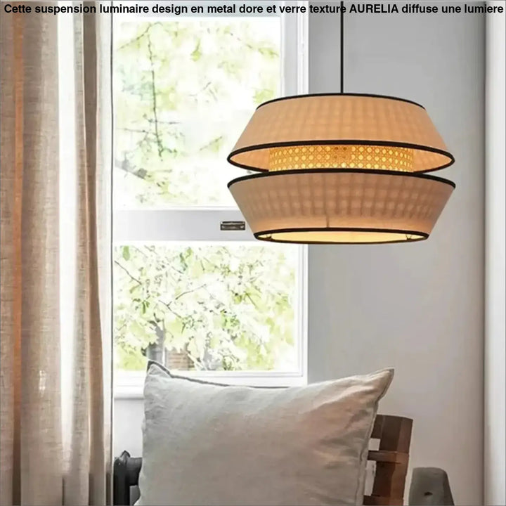 Suspension luminaire ambra en rotin naturel beige avec double abat et bordure noire design en couches