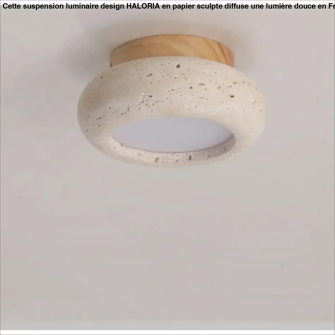 Suspension luminaire design minimaliste avec anneau en béton moucheté ivoire et base en bois naturel haloria