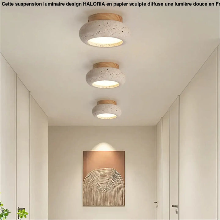 Trois luminaires suspendus en béton moucheté avec accents en bois clair dans un design luminaire design haloria
