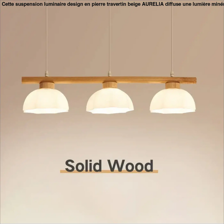 Suspension luminaire design avec barre en bois travertin beige et abat-jour en verre dépoli chaleureux minimaliste