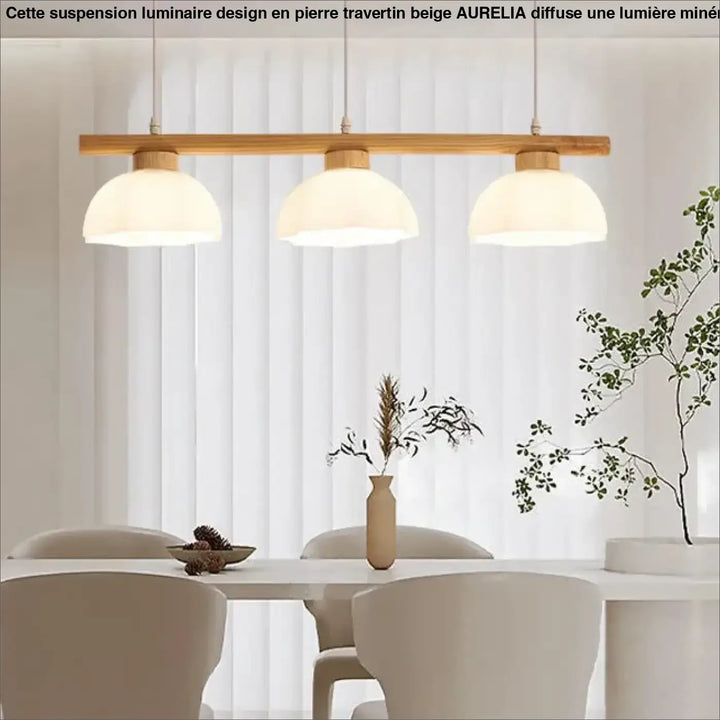 Suspension luminaire design en bois minimaliste avec trois abat-jours en verre dépoli travertin beige aurelia