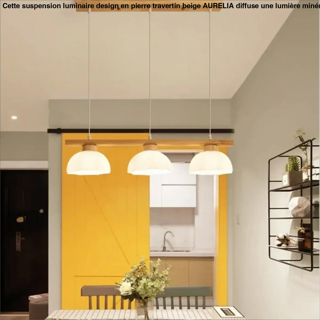 Suspension luminaire design avec abat-jour en verre blanc en forme de dôme et fixation en pierre travertin beige aurelia
