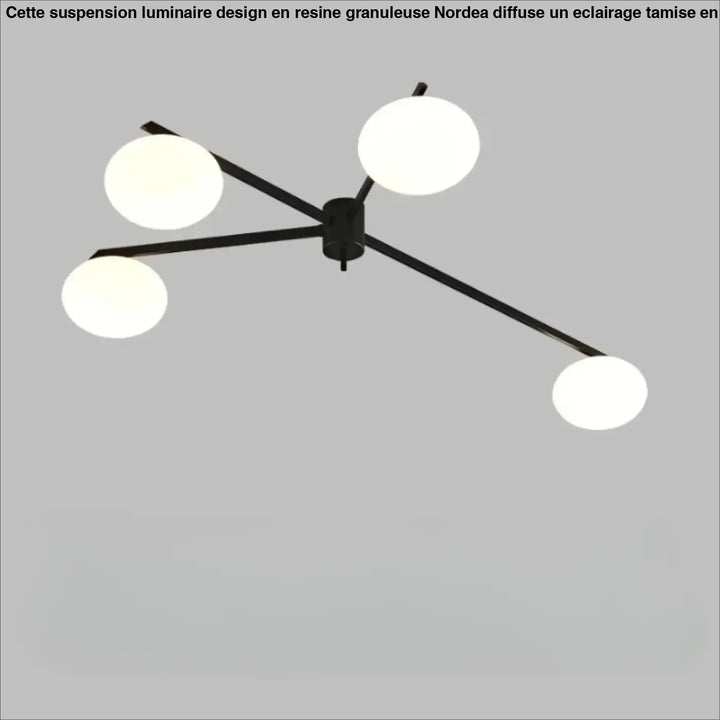 Plafonnier moderne en métal noir xILYS avec quatre globes en verre blanc et bras graphiques élégants