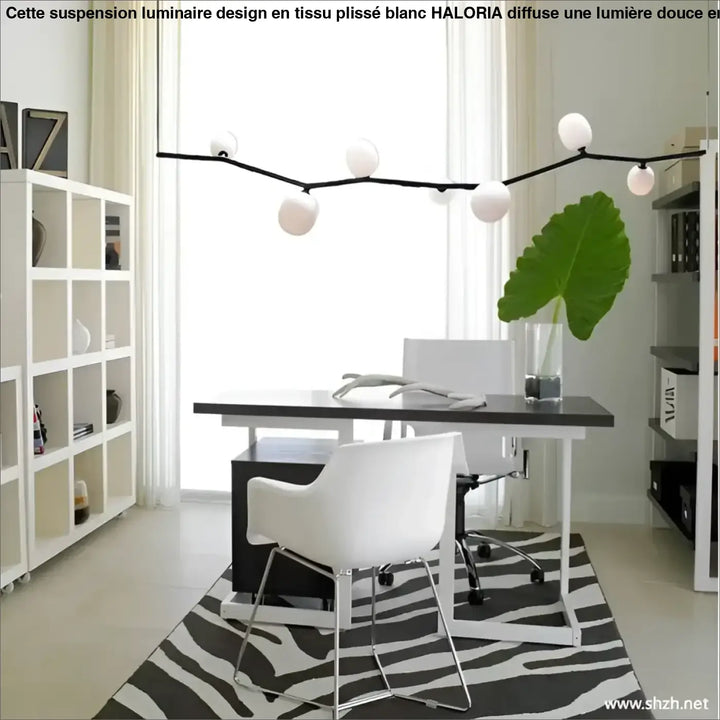 Suspension luminaire design en tissu plissé blanc avec finition sphérique noire et blanche moderne minimaliste