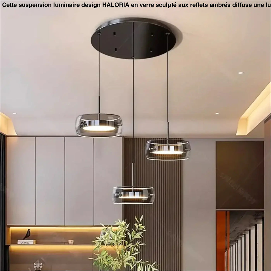 Suspension luminaire trida avec abat-jour en verre clair et fixation métal noir pour éclairage blanc froid ou blanc chaud