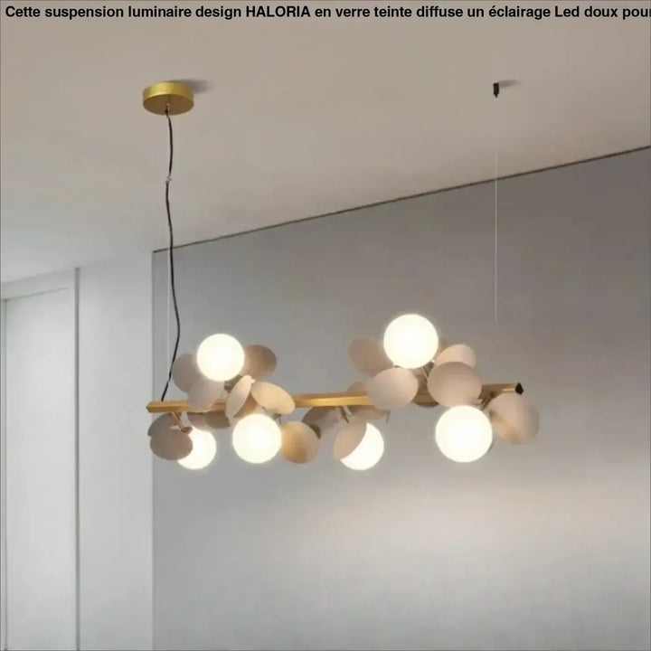 Suspension luminaire orbellia en métal doré avec sphères en verre dépoli et disques beige mat ampoule incluse salle à manger
