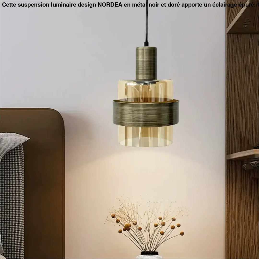 Suspension luminaire ambre en métal brossé avec verre ambré pour un éclairage vintage moderne