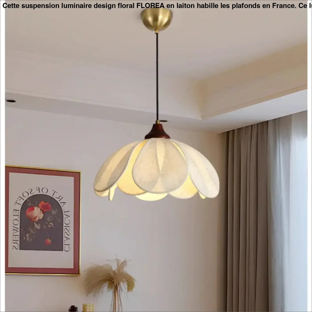 Suspension luminaire perak avec fleur en papier crème et détails dorés en laiton pour une suspension luminaire élégante