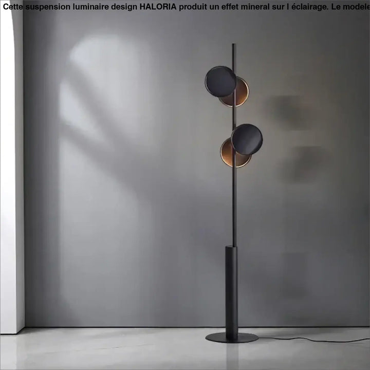 Lampadaire moderne duolia avec double éclairage à silhouette graphique en métal noir et abat-jours circulaires noir mat et cuivre