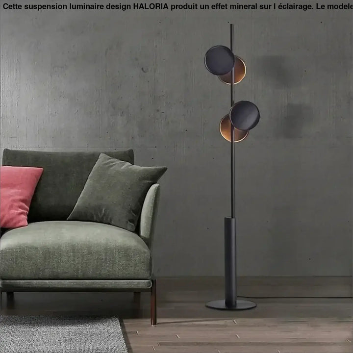 Lampadaire moderne duolia avec double éclairage et silhouette graphique en métal noir mat et cuivre brossé