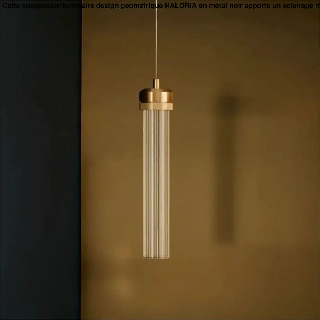 Suspension luminaire vibris avec abat-jour cylindrique en tiges de verre transparent et dessus en laiton finition moderne