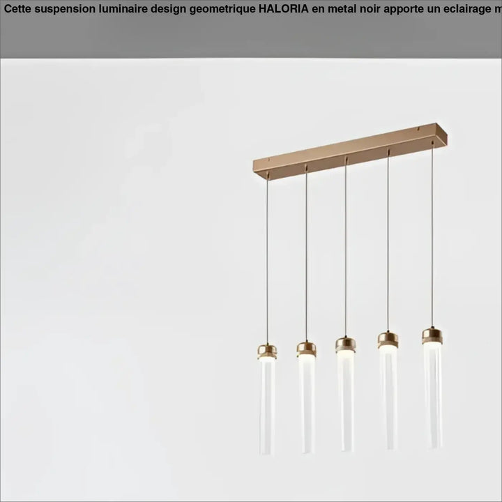 Suspension luminaire modern minimaliste avec cadre rectangulaire en laiton et cinq tubes en verre clair suspendus par cordons fins