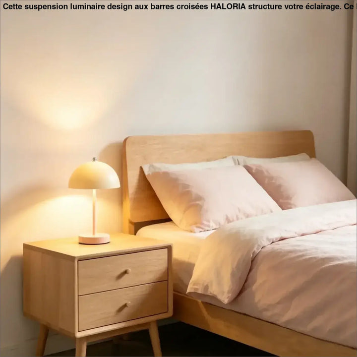 Nightstand en bois minimaliste avec deux tiroirs et lampe skadi au design scandinave pour éclairage tamisé et lumière douce