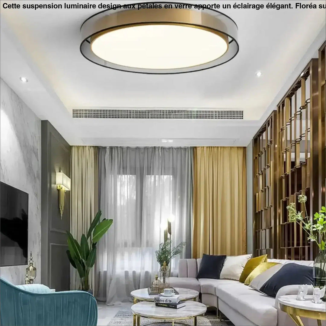 Luminaire plafonnier vadim moderne avec cadre métallique doré et centre en verre dépoli pour plafond